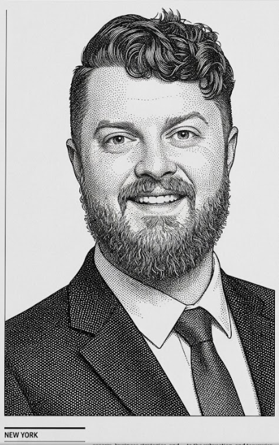 Editorial illustrated portrait of Max Humphrey, fractional CTO, GRC & PMO advisor